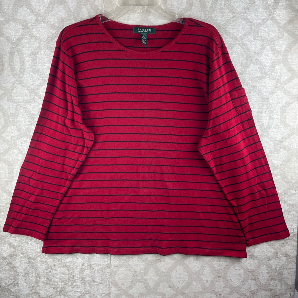 Lauren Ralph Lauren Shirt Womens 3X Red Striped Long Sleeve Cotton Top Plus Size